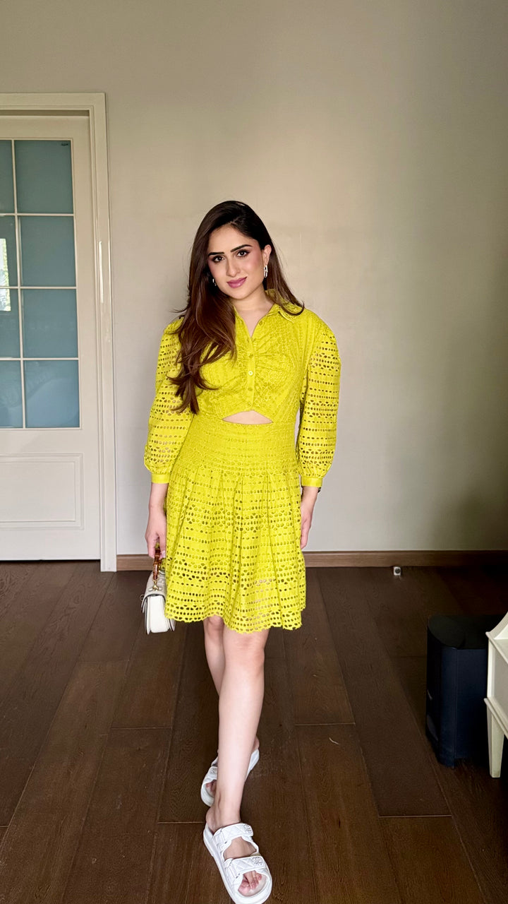 Nikita Vasdev in our Thea Lime Dress