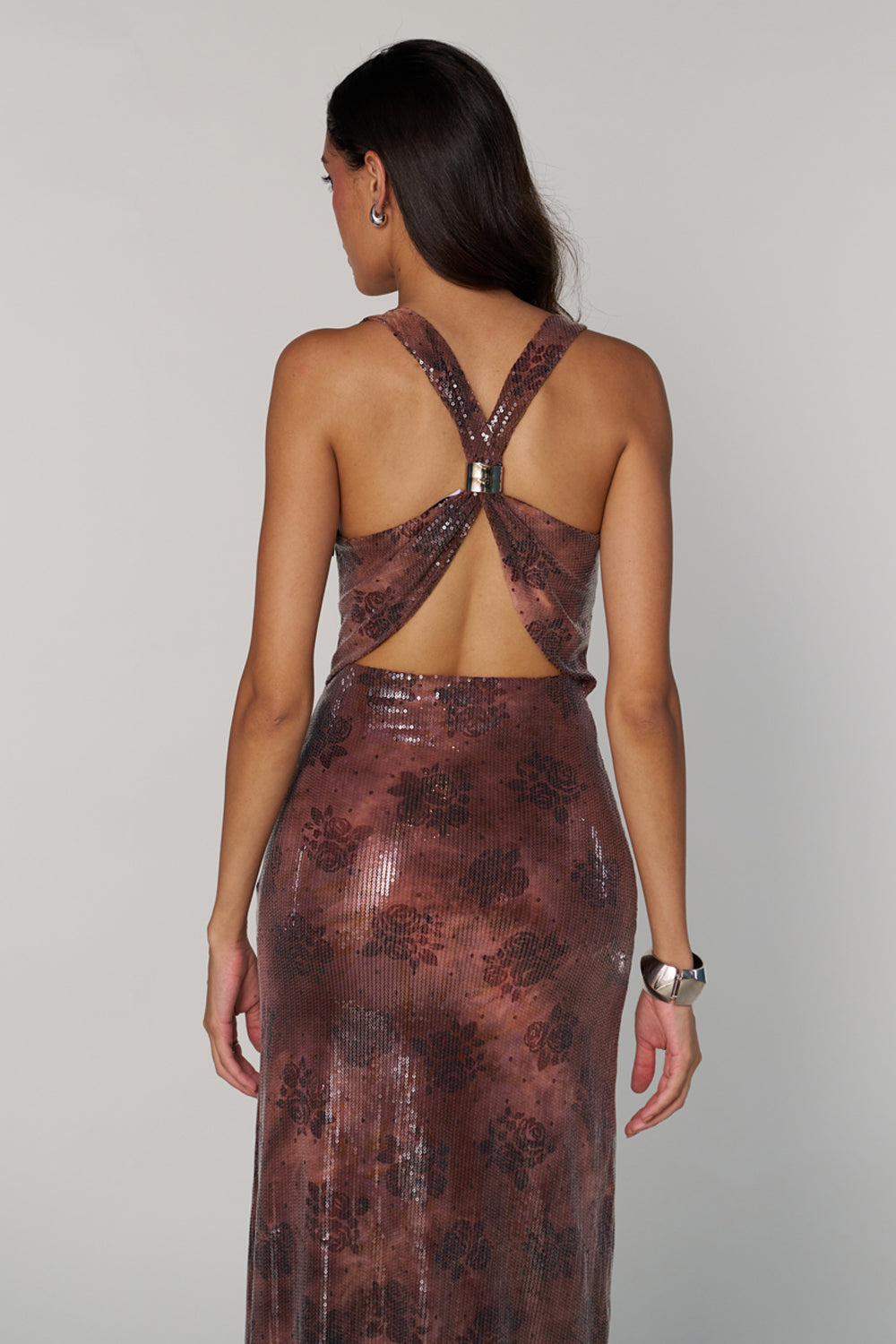 naomi sequin dress RELIGION Naomi Silver Sequin V Neck Maxi Dress