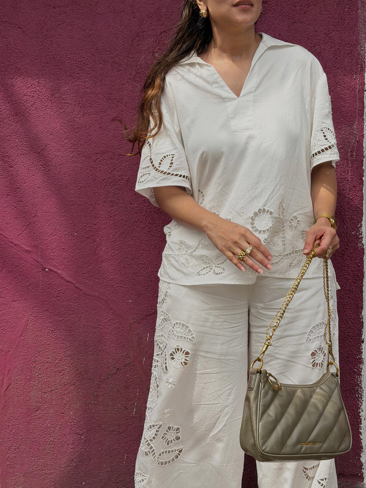 Urmi Daga in our Monica Cutwork Embroidered Top