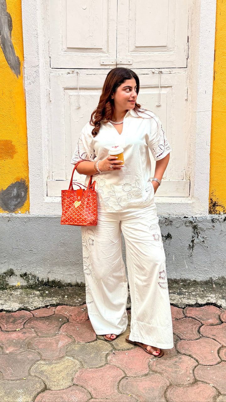 Shrutika Roopchandani in our Monica Cutwork Embroidered Top