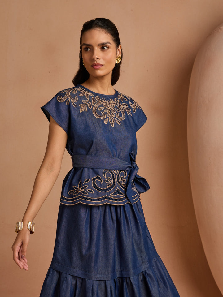 Ava Denim Cutwork Top