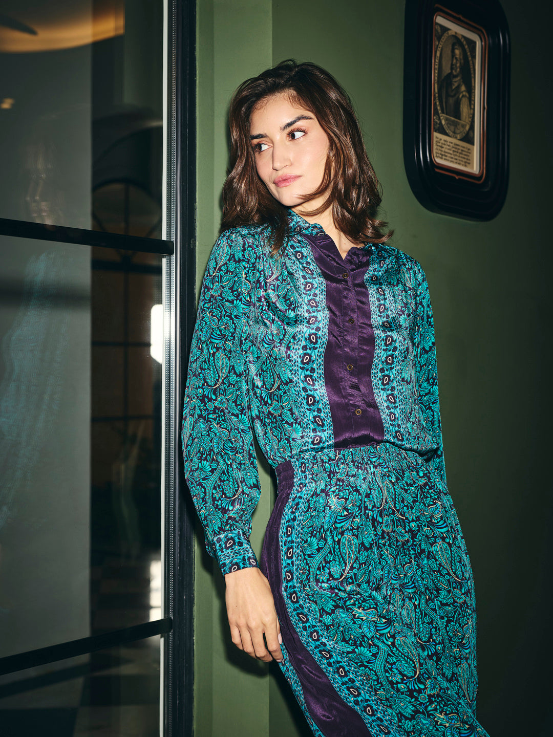 Rhea Kalra in our Lisa Mulberry Printed Shirt