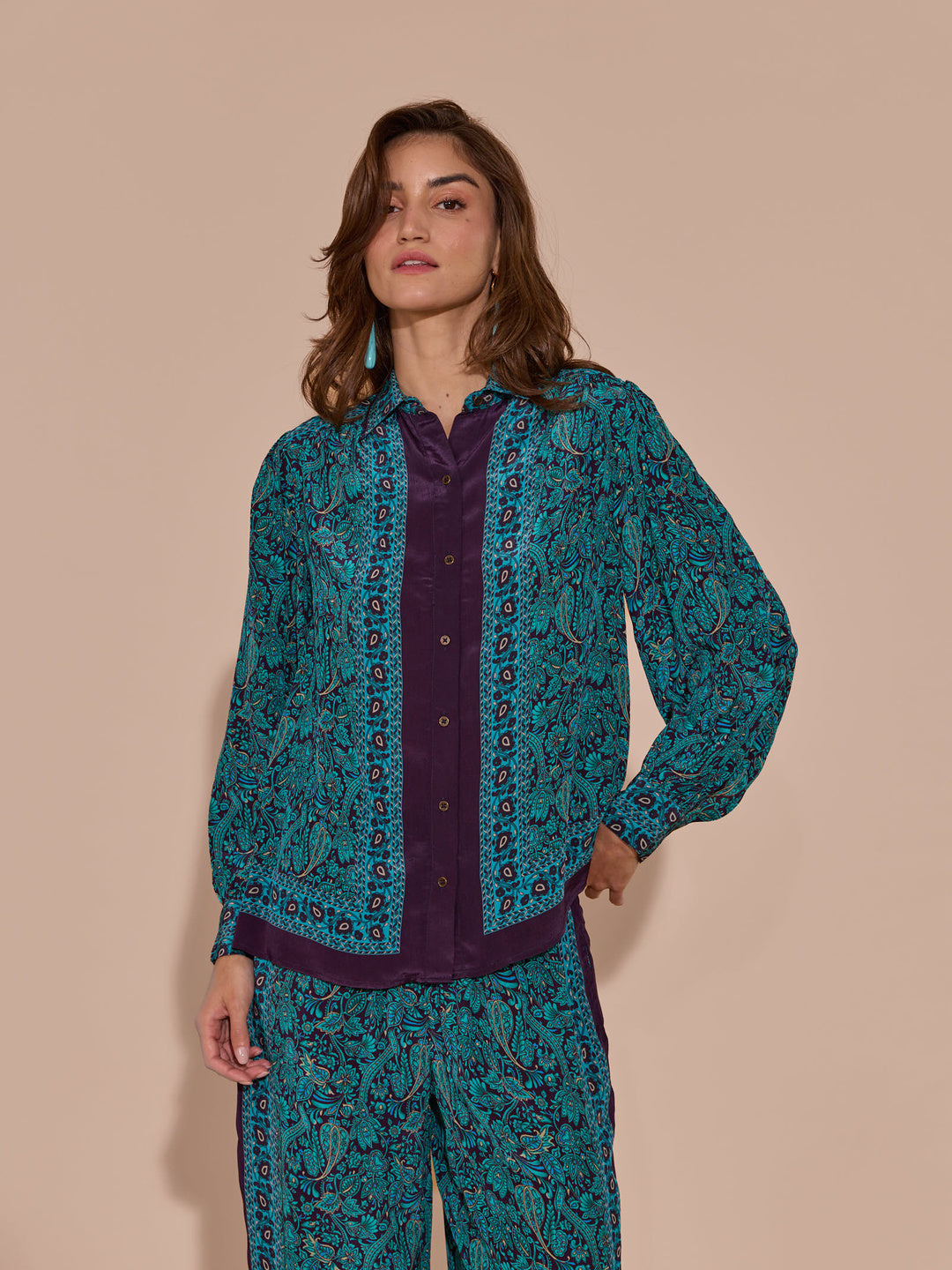 Rhea Kalra in our Lisa Mulberry Printed Shirt