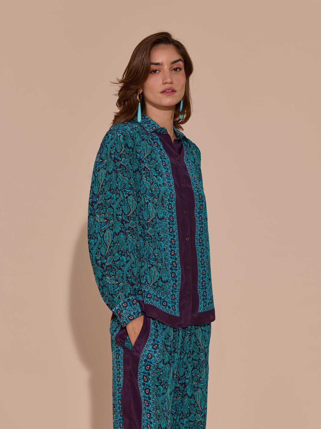 Rhea Kalra in our Lisa Mulberry Printed Shirt