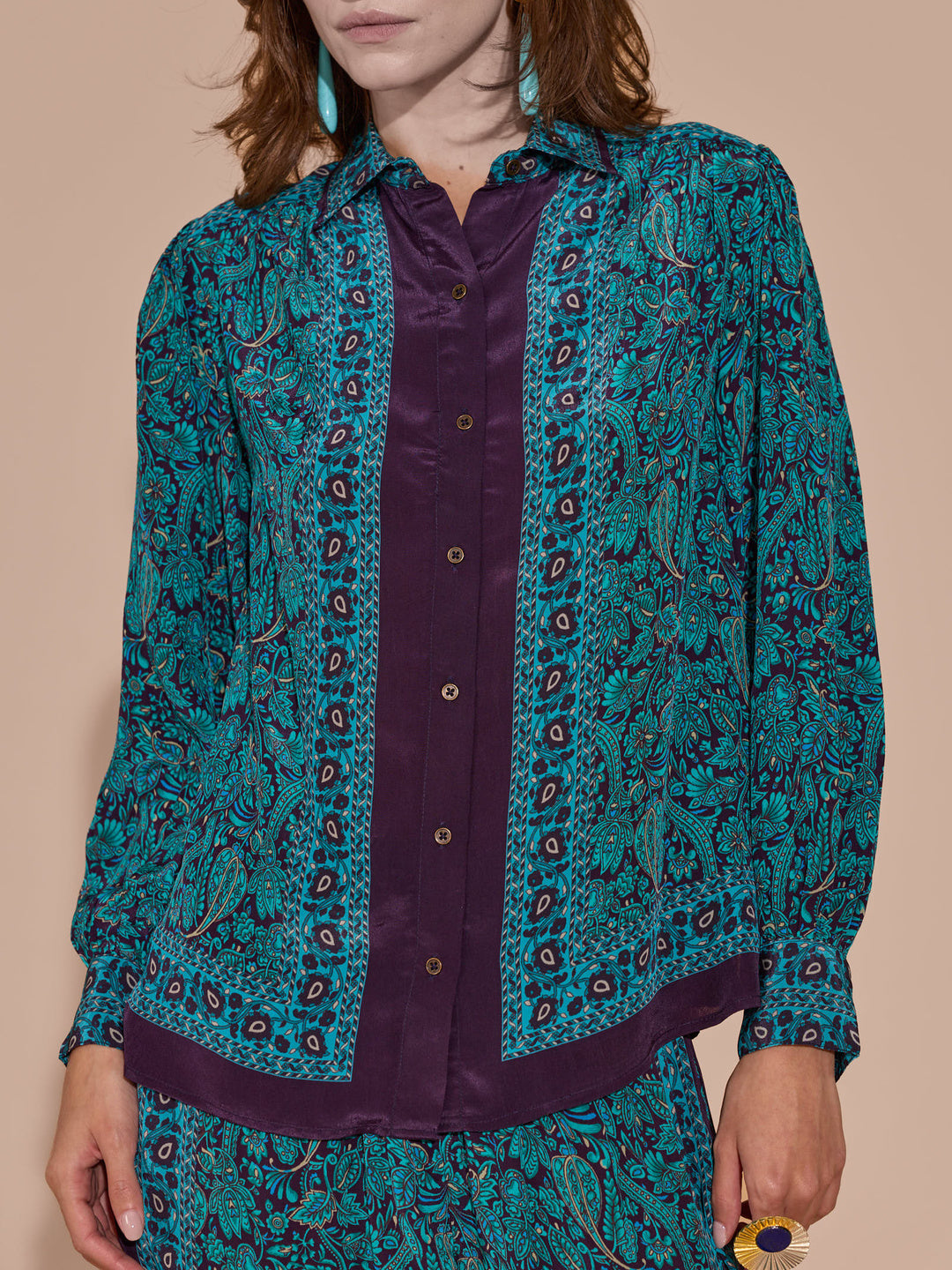 Rhea Kalra in our Lisa Mulberry Printed Shirt