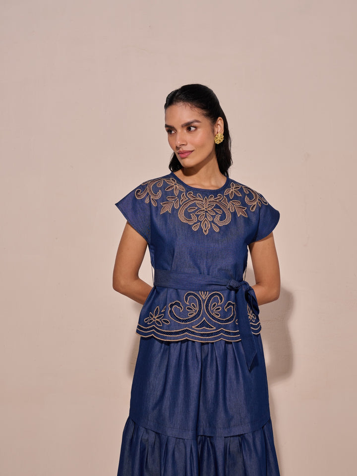 Ava Denim Cutwork Top