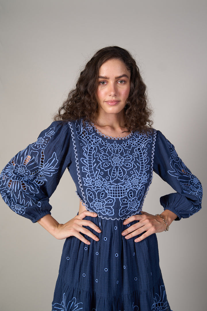 Radhica Diwan In Our Hannah Blue Embroidered Dress