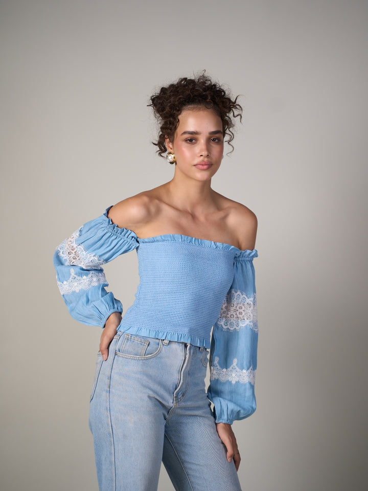 Tushita Mehta In Our Blue Bishop Sleeve Top