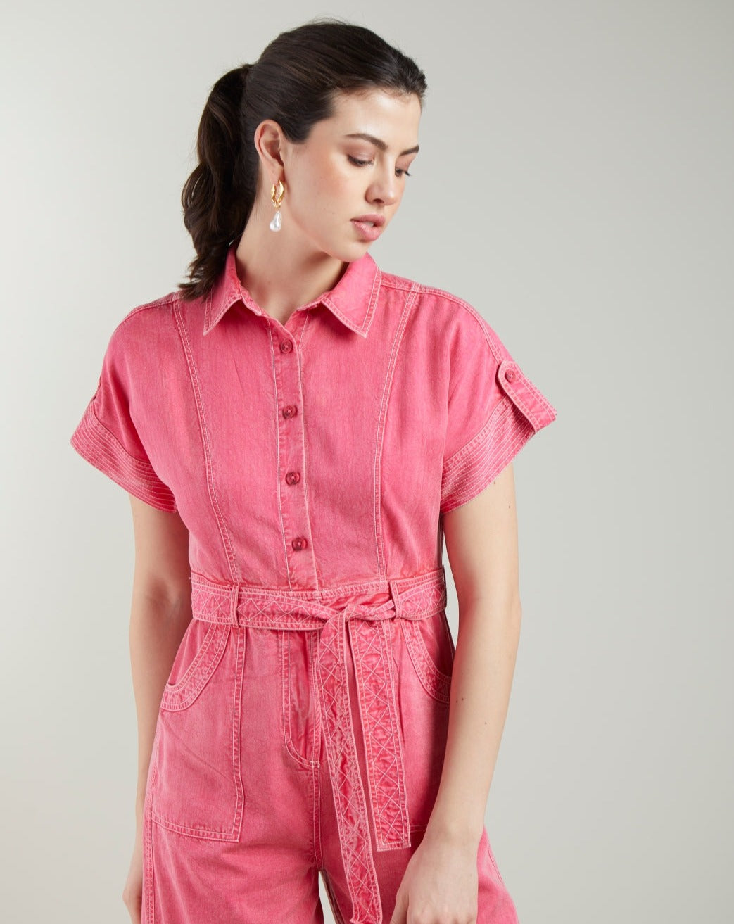 Cropped Stripe Short Sleeves Jumpsuit - Pink - Pomelo Fashion