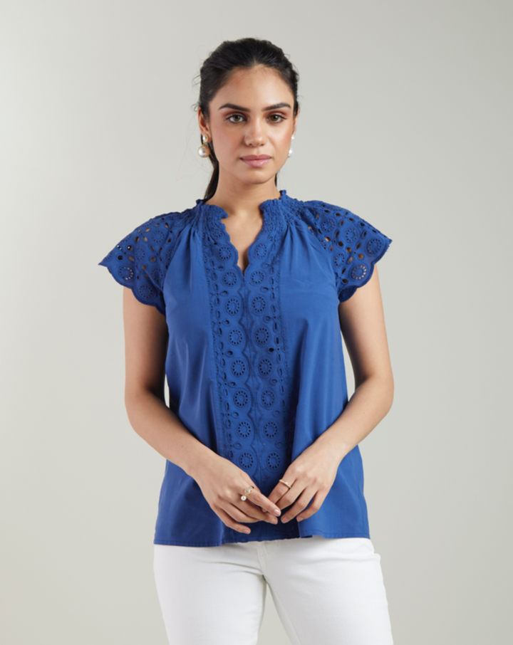 Blue Schiffli Top