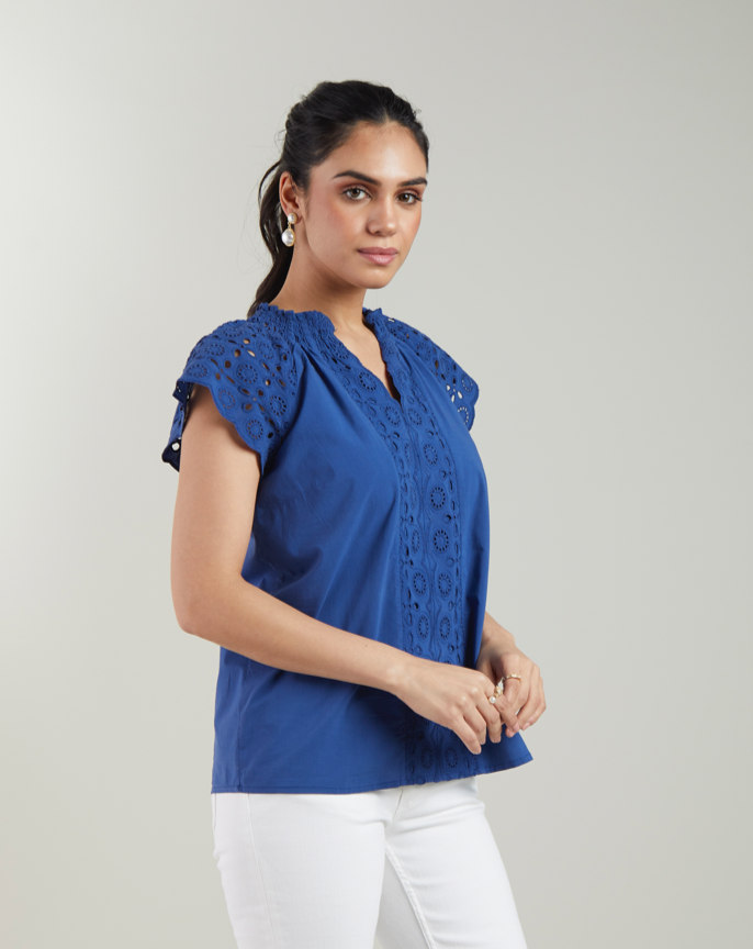 Blue Schiffli Top