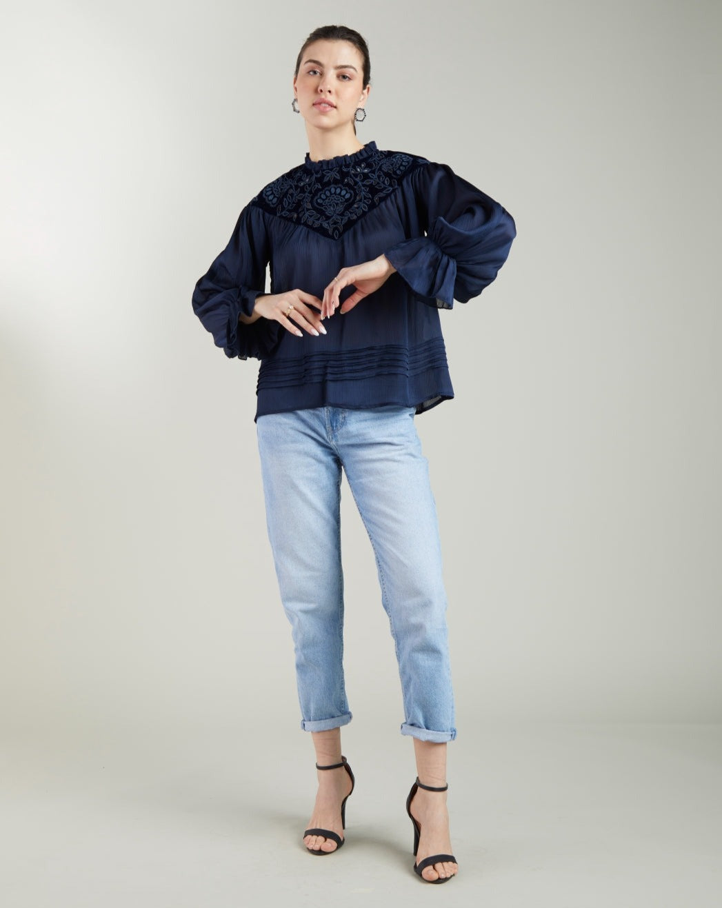 Navy Blue Embroidered Top