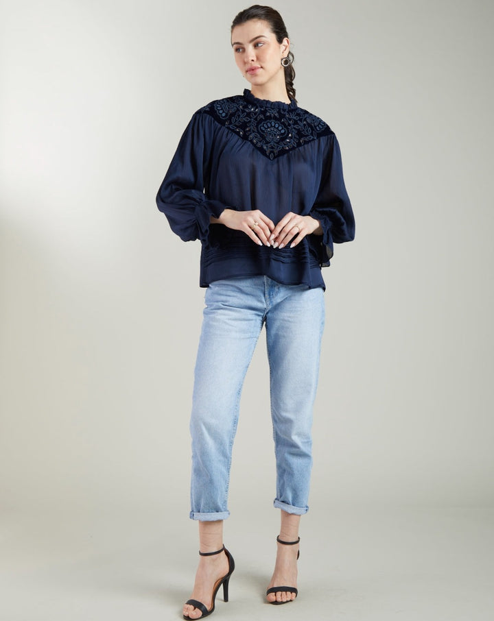 Navy Blue Embroidered Top