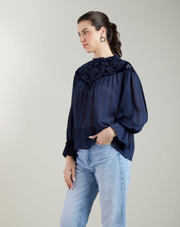 Navy Blue Embroidered Top