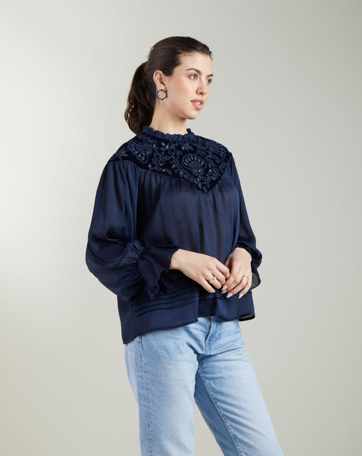 Navy Blue Embroidered Top