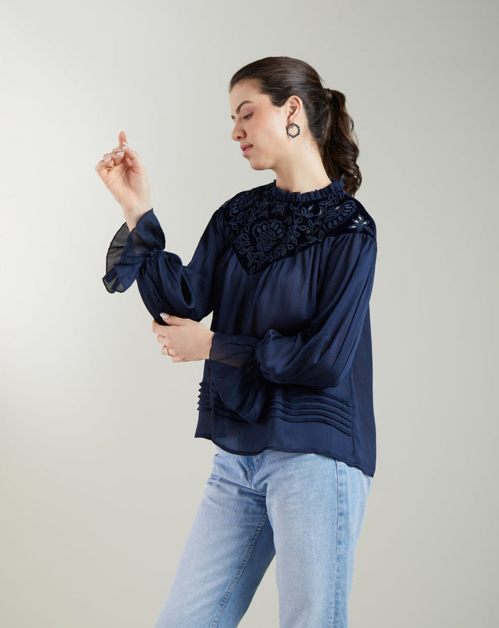 Navy Blue Embroidered Top