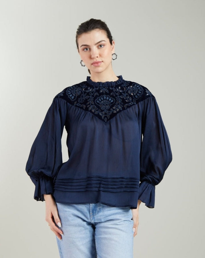 Navy Blue Embroidered Top