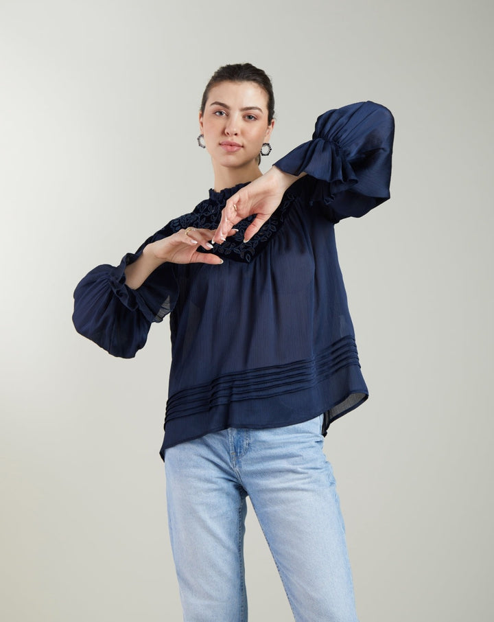 Navy Blue Embroidered Top