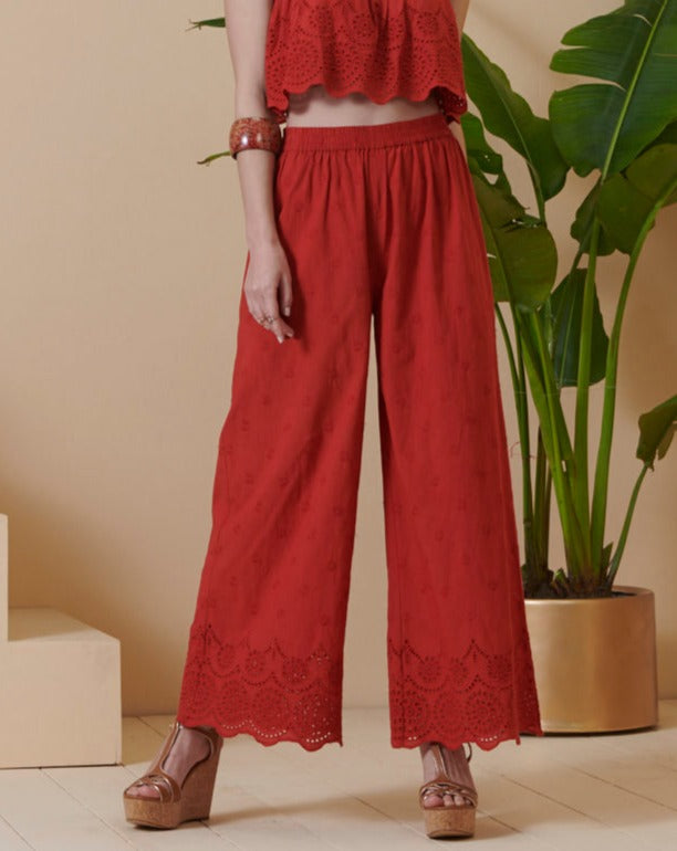 Red Schiffli Flared Pants