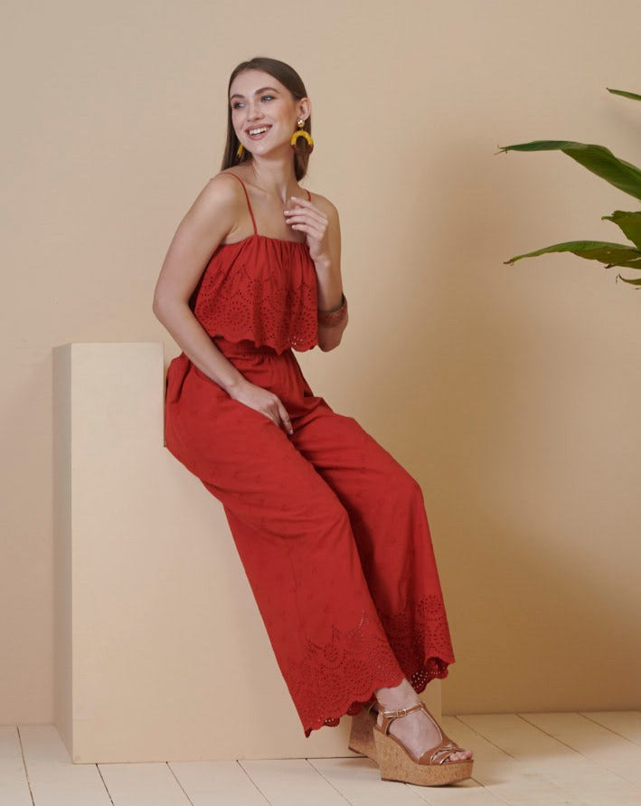 Red Schiffli Flared Pants