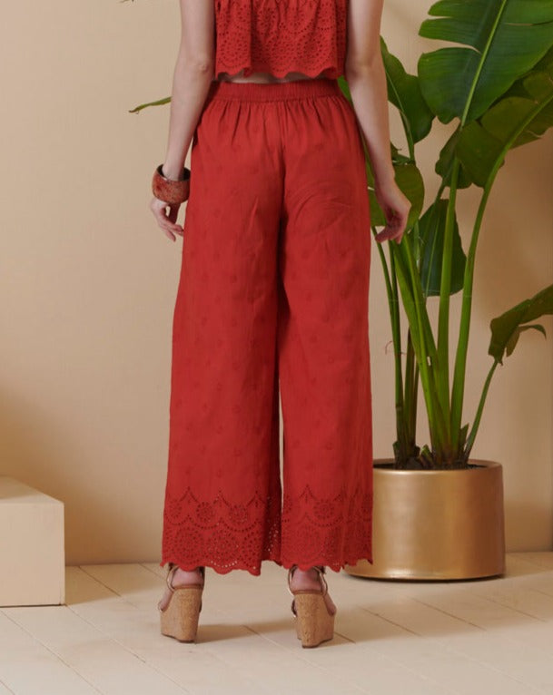 Red Schiffli Flared Pants