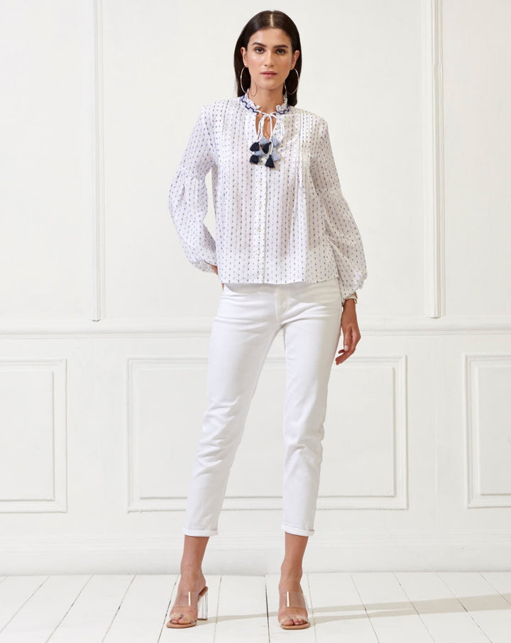 Blue Swiss-Dot Full Sleeves Top