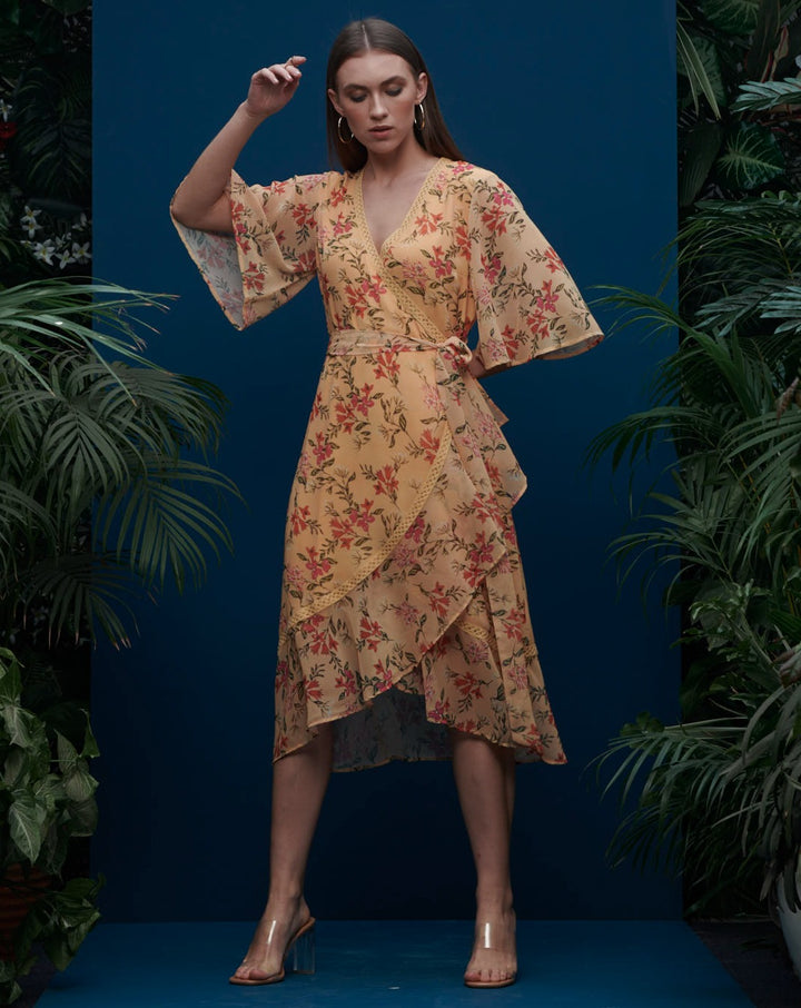 Apricot Floral Wrap-Dress