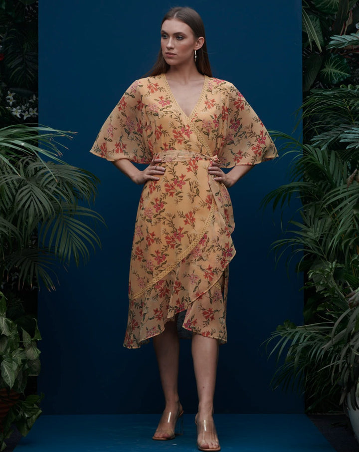 Apricot Floral Wrap-Dress