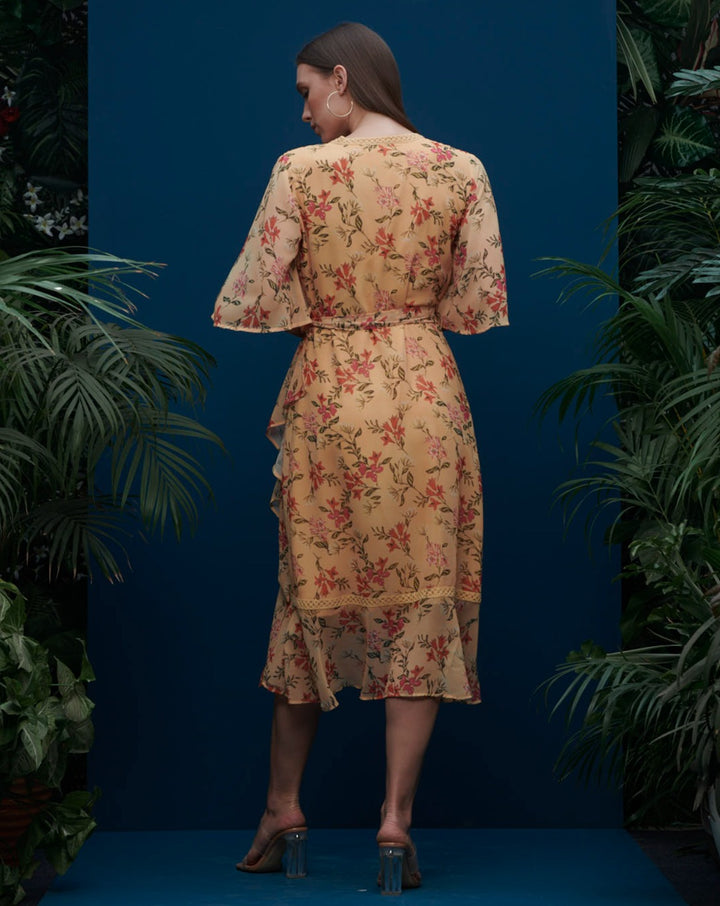 Apricot Floral Wrap-Dress