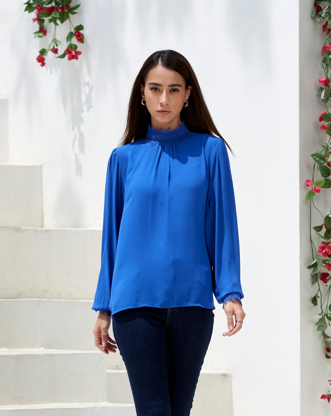 Blue Mandarin Collar Blouse