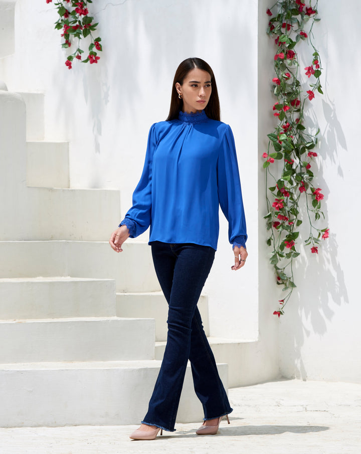 Blue Mandarin Collar Blouse