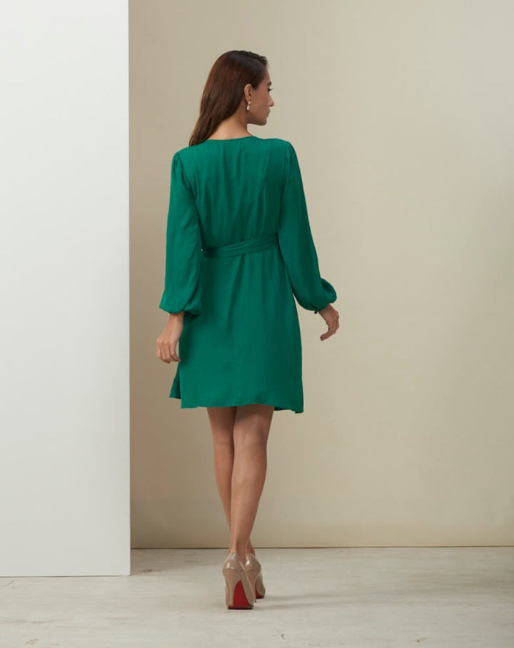 Green Satin Wrap Dress