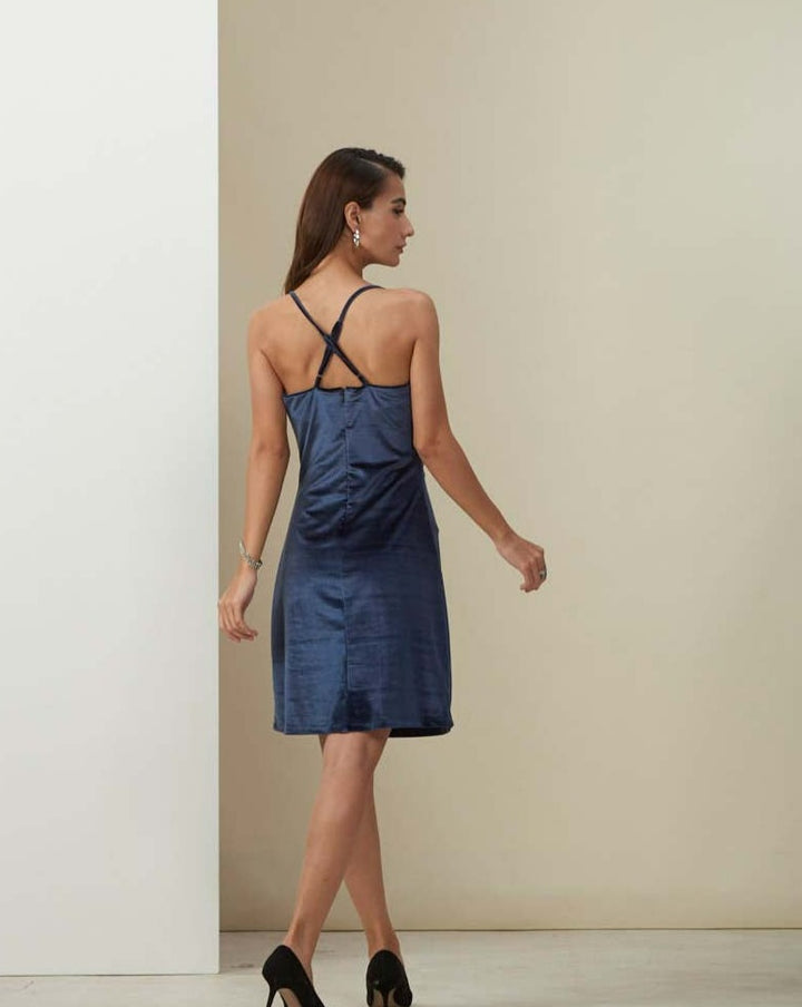 Midnight-Blue Velvet Halter Dress