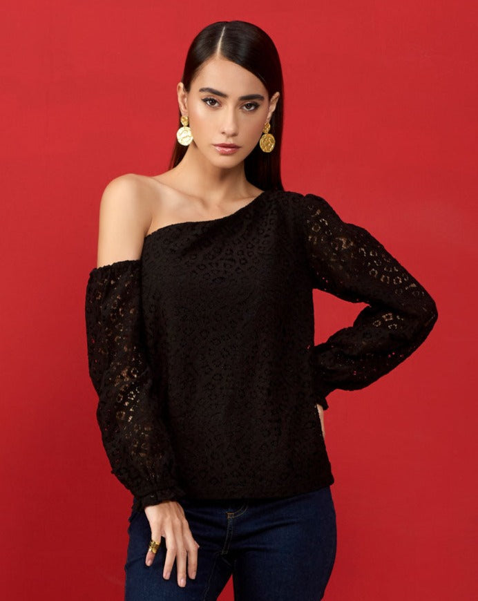 Black One Shoulder Lace Top