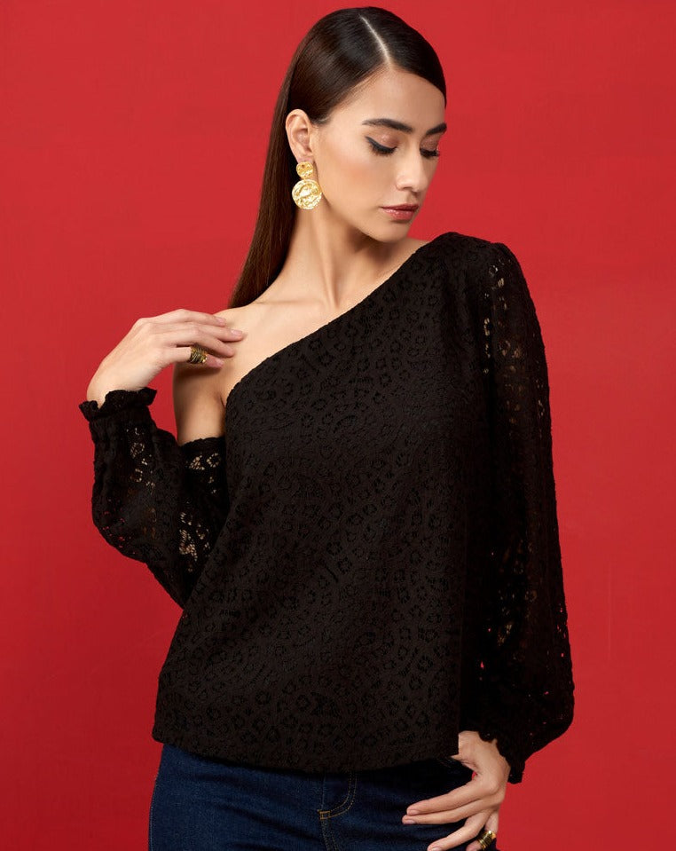 Black One Shoulder Lace Top