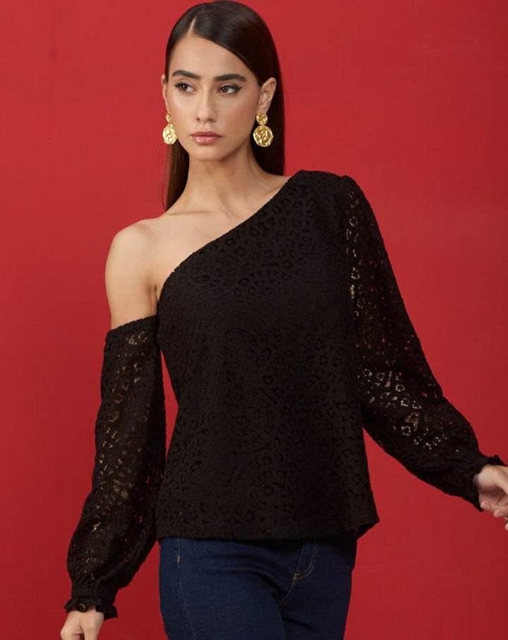Black One Shoulder Lace Top