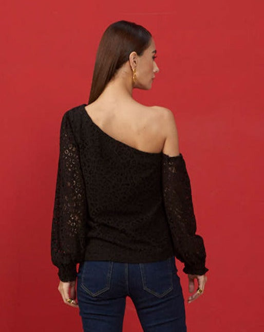 Black One Shoulder Lace Top