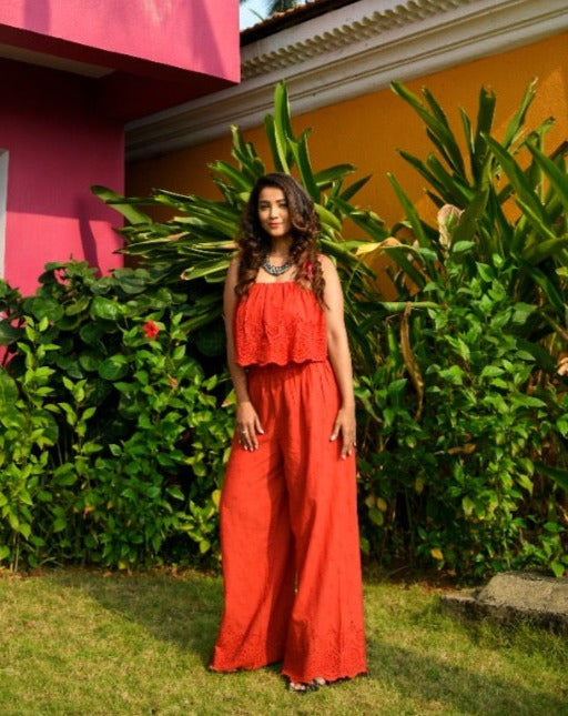 Red Schiffli Flared Pants