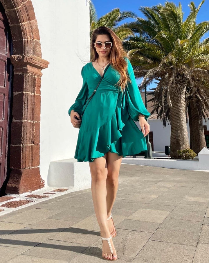 Green Satin Wrap Dress