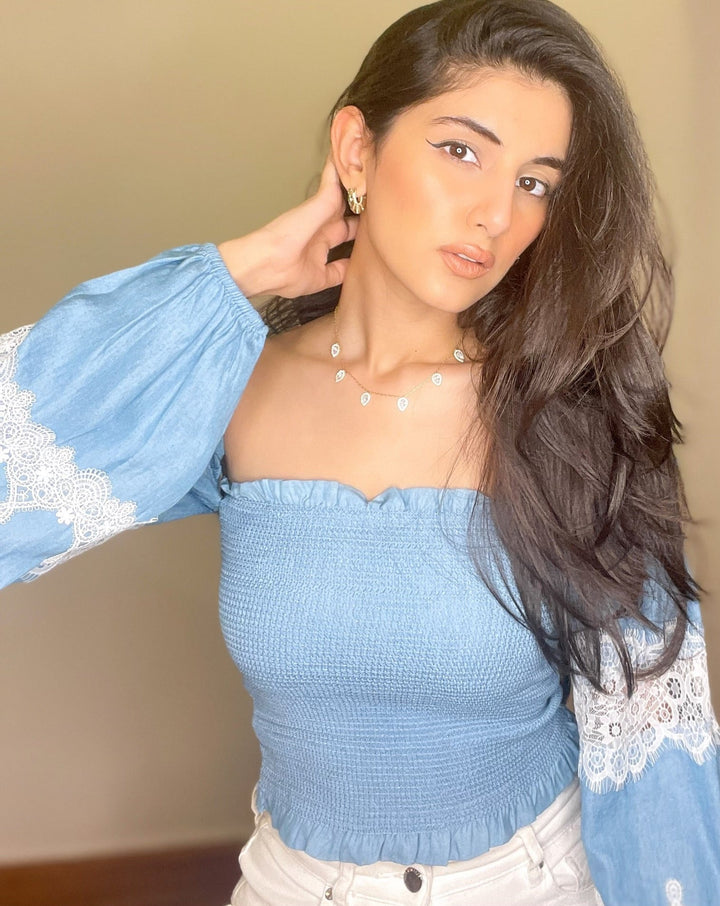 Tushita Mehta In Our Blue Bishop Sleeve Top